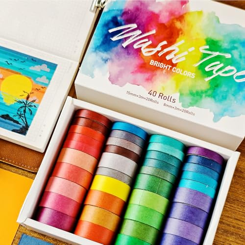 bomichi 40 Rollen Bunte Washi Tape - Leuchtende Farben 15mm/8mm Breite 3m Länge - Dekoratives Tape für Scrapbooking Journaling DIY Crafts Junk Journal