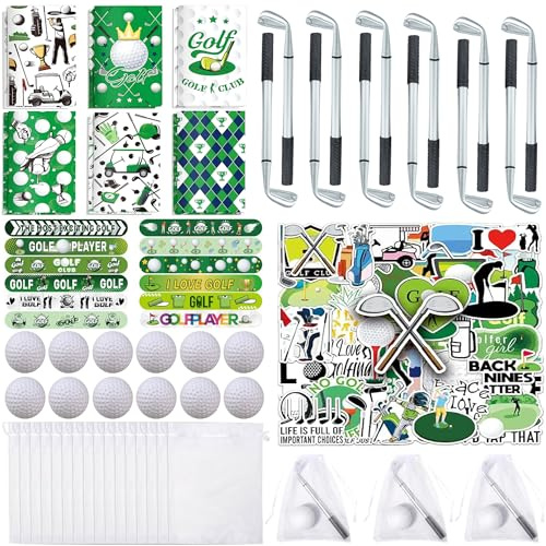 Yrmysrx Golf-Schreibwaren-Set mit Kugelschreibern, Mini-Notizbuch, Übungsball, Punktebleistiften, Aufklebern und Organza-Beuteln für Golf-Themen-Geburtstagsparty-Dekorationen, 110-teilig