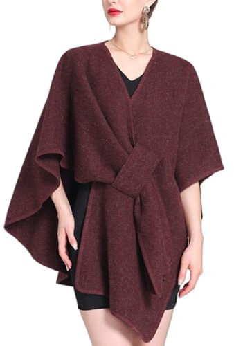 WANWEN Poncho da Donna, Mantella Maglia, Mantella Cashmere Donna, Scialle Lavorato a Maglia, Texture in Cashmere, Taglia Unica, Elegante e Facile da Abbinare (Rosso Vino)