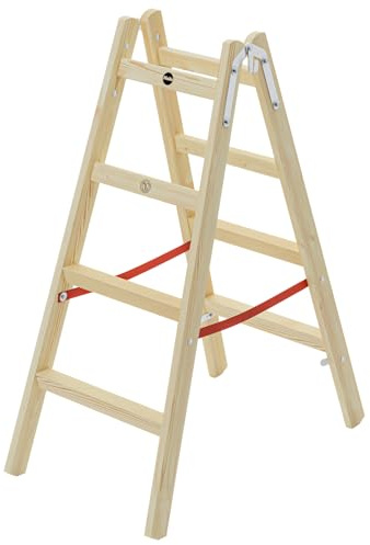 Hailo H60 ComfortLine Holz-Doppelsprossenleiter 2x4 Sprossen bis 150 kg | Klappleiter aus Kiefernholz, 48 mm Komfort-Sprossen, Universalhaken, Gurtband-Sicherung