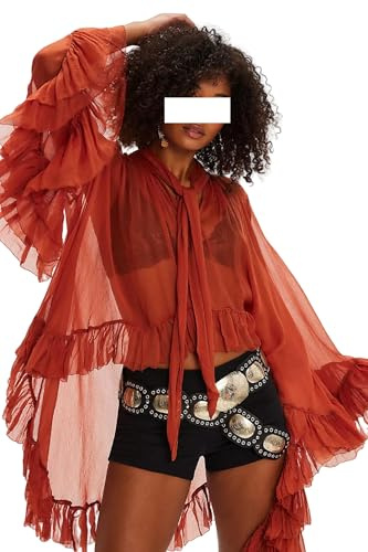 FeMereina Women Long Bell Sleeve Frill Top See Through Sheer Mesh Blouse High Low Hem Ruffled Sexy Flowy Tops Shawl Shirt