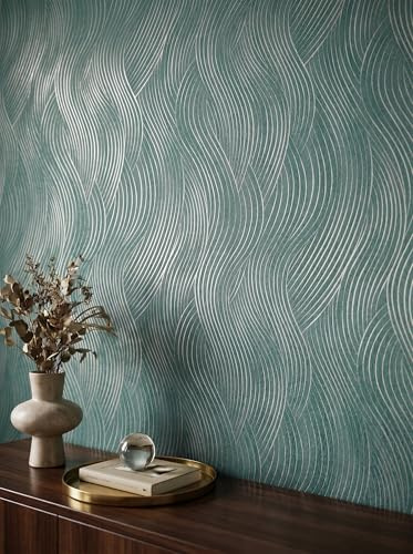 Newroom Vliestapete Türkis Streifen Tapete Wohnzimmer Maritim | Wellenförmige Linien in Holzmaserungsoptik, silberner Metallicglanz, Mustertapete für Schlafzimmer, Flur, Büro