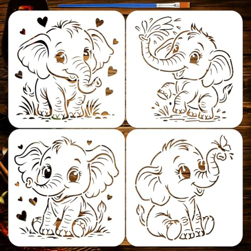 FINGERINSPIRE 4 Stück Niedliche Elefanten Malschablone Mit Großen Augen Und Pinsel 20x20cm Elefant Mit Liebe Schablone Tiersilhouette Schablonen Tiermotiv Schablonen Zum Malen Auf Wand Heimdekoration