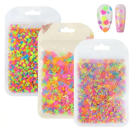 3 Teiliges Nail Art Glitzer Set, Herz，Sternform und Schmetterlingsförmige Nagel Pailletten, Farbe Fluoreszierende Nageldekoration Pailletten, für DIY Nageldesign, Nagelverzierung