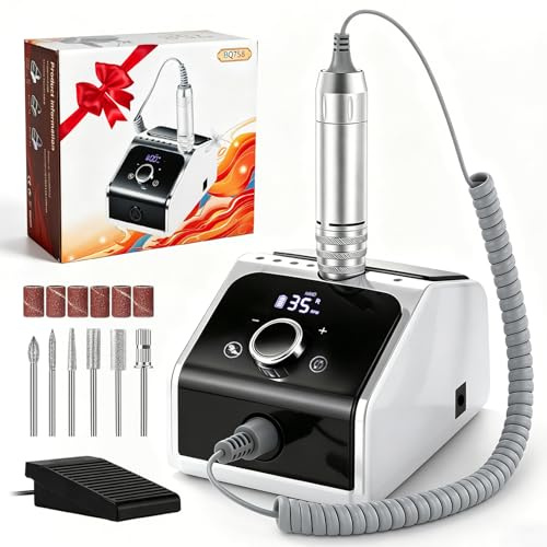 CozyZen Elektrisk Nagelborrmaskin: 35000 RPM Professionellt Nagelfilskit med LCD-skärm, Hand- & Fotpedalkontroll, Tyst Drift för Akryl- & Gelnaglar, Manikyr & Pedikyr – För Hem & Salong（Vit）