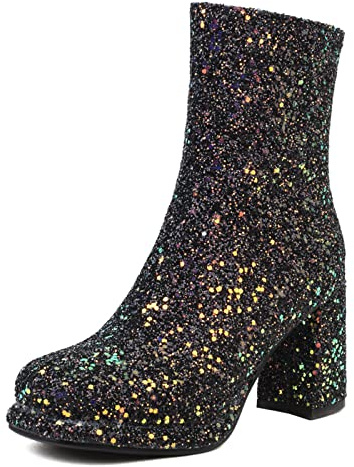 Bviennic Donna Sposa Tacco A Blocco Stivali Chelsea Sequins Warm Vestito Scarpe Eleganti Festa Plateau Ankle Stivaletti Moda Nero Numero 44 EU-46Cn