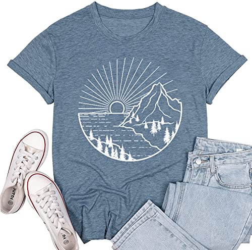 Hiking Shirt for Women Vintage Nature Sunrise Lake Pattern Print Blouse Cute T-Shirt Funny Travel Camping Wanderlust Short Sleeve Crewneck Summer Workout Athletic Tee Tops(Blue M)
