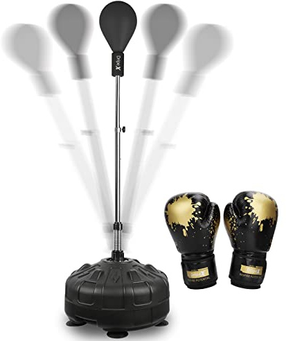 Dripex Punchingball Speedball Verstellbarer freistehender Boxsack Speed-Reflex Trainingsball, Trainingsgerät für Zuhause und Fitnessstudio (Schwarz ‎mit Boxhandschuhen)