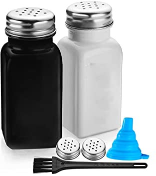 HJUGHPN Lot de 2 salières et poivrières vintage en verre noir et blanc avec couvercle en acier inoxydable