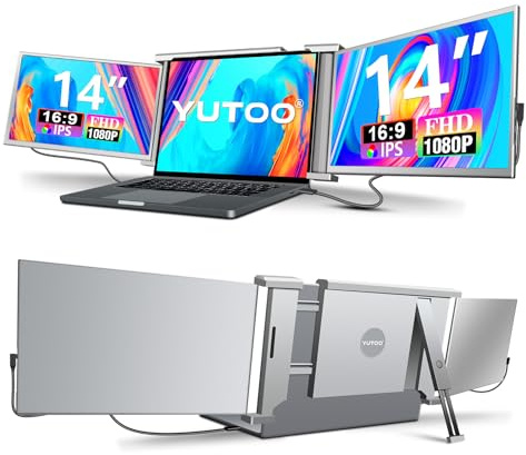 YUTOO Laptop Screen Extender, 14 Portable Triple Monitor for Laptop 315°Rotate| Plug and Play| 1080P| FHD, Laptop Screen Extender for 13.5”-16.5” Laptops, HDMI/USB-A/Type-C,for Mac/Wins/Android/Dex