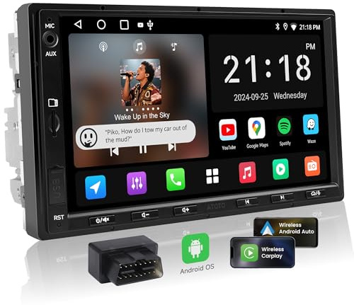 ATOTOEXCEL Estéreo de coche A5L doble DIN con CarPlay inalámbrico y Android Auto, pantalla táctil de 7 pulgadas, radio de coche Android, escáner OBD2, conexión WiFi/BT/USB, DSP/FM/AM, GPS, 2G+32G