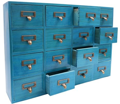 Armoire apothicaire avec tiroirs, 50,5 x 9,5 x 35 cm, 16 tiroirs d'apothicaire vintage pour la maison et le bureau, Boîte de rangement pour bijoux, armoire de rangement en bois pour bijoux, bleu