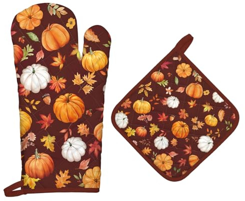 Arquiel Gants De Four & Maniques Automne Citrouille Lot De 2, 100% Coton Maniques Cuisine Gant Four Anti Chaleur Extra-Longue pour Barbecue, Griller,Micro-Ondes Décoration Cadeaux Vacances