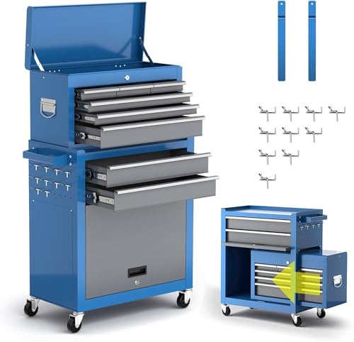 AIRAJ Stort verktygsskåp (620 x 330 x 1090 mm), 8 lådor professionella verktygskistor toppskåp, avtagbart/låsbart/2 hjul med parkeringsbroms/sidohängande platta och krok, kraftig verktygslåda för
