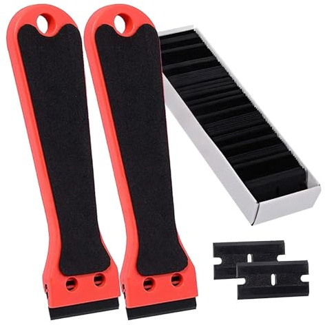 2Pcs Plastic Scraper with 100 Plastic Razor Blade, Adhesive Remover with 6 inch Long Handle, Oven Scraper, Durable Scratch Remover Tool for Car Sticker, Glue, Window, Wall, Label Removal