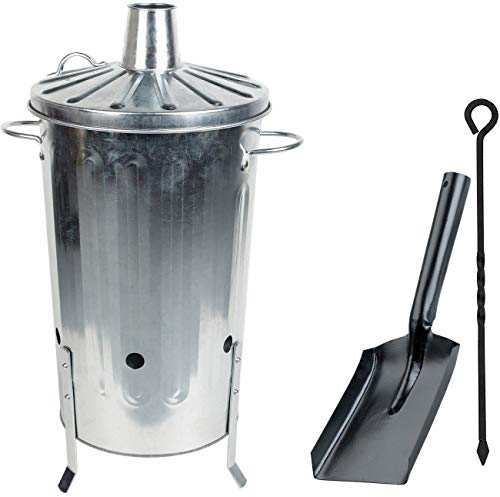 CrazyGadget® 18 Litre 18L Small Garden Galvanised Metal Incinerator Fire Burning Bin for Wood Paper Leaves + Ash Shovel & Poker