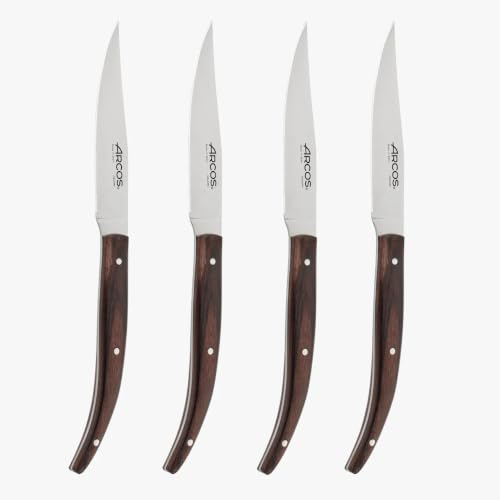 Arcos Serie Cuchillos de Mesa - Juego de Cuchillos de Mesa 4 piezas (Cuchillos Chuleteros) - Hoja Filo de Acero Inoxidable NITRUM de 110 mm - Mango Madera Palisandro Color marrón