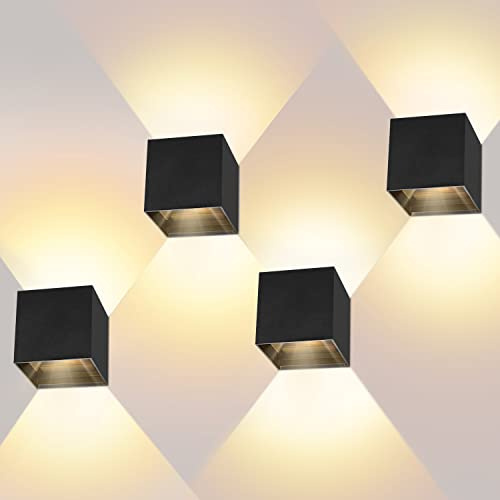 ledmo 4 Stücke LED Wandleuchte Innen/Aussen Wasserdichte IP65 LED Aussenlampe Schwarz Mit Up Down Einstellbar Abstrahlwinkel 12W Wandlampe Aussen Warmweiß 3000K