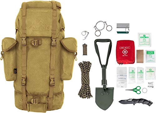 normani Survival Notfallset Überlebens Set BW Rucksack Kampfrucksack + BW Mini Spaten nach TL + Einhandmesser + Erste Hilfe Notfll Kit -19 Teilig Farbe Coyote