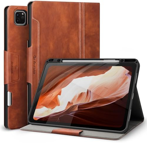 Antbox Hülle für iPad Pro 12,9 Zoll 6./5./4./3. Generation Braun | PU Leder, Integrierter Stifthalter, Multi-Winkel-Ständer, Auto Schlaf/Wach Funktion