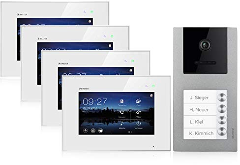 Balter EVO Video Türsprechanlage, Touchscreen, 4X 7 Zoll Monitor, Smartphone App, 2-Draht Bus, Aufputz Türstation für Mehrfamilienhaus, RFID Funktion (4 Familienhaus, Ohne App)
