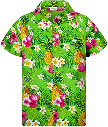 King Kameha - Camisa hawaiana de manga corta para niños y niñas, casual y divertida, con bolsillo frontal, estampado de piñas y flores, unisex, 8 años