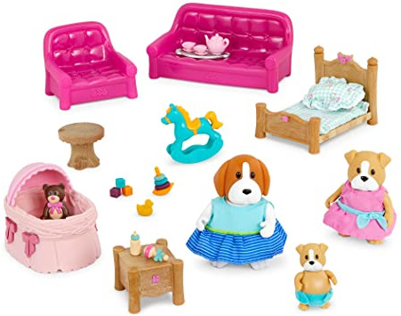 Li'L Woodzeez - Set soggiorno e cameretta - Deluxe - Lil Woodzeez - Set di mobili per la casa delle bambole - Figurine di animali - Divano, culla e giocattolo in miniatura - Bambini 3 anni +