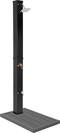 ML-Design Doccia Solare da Giardino Quadrata Nera 217 cm 40L a Pedale Acqua Calda Fino a 60°C Senza Elettricità con Attacco per Tubo Doccia Esterna per Piscina + Base Piatto Pedana in WPC Grigio Scuro