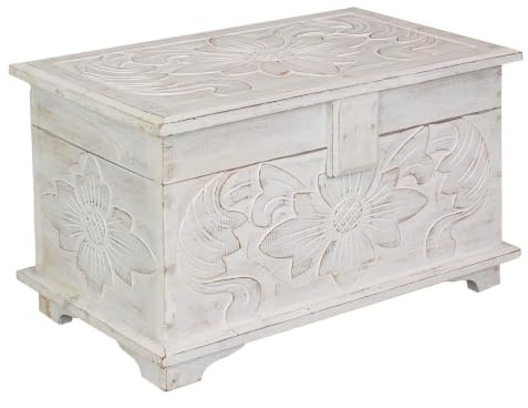 Oriental Galerie Truhe Holzkiste Holztruhe Schatztruhe Kiste Box Palmenholz Holzbox Blumen Schnitzereien Shabby Used Look Weiß Mittel 50 cm