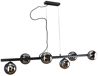 meineWunschleuchte Mehrflammige Balken Pendelleuchte Schwarz 144cm breit - 6 Glaskugeln Rauchglas, Abhängung 200cm