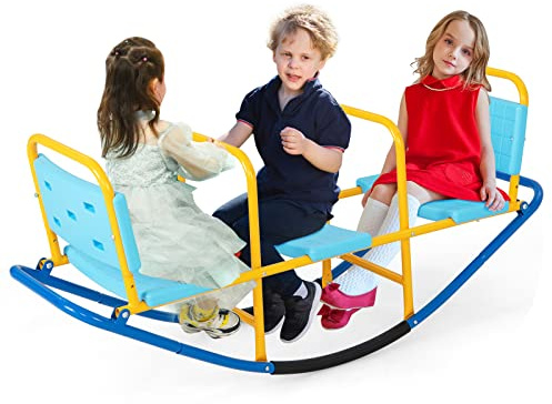 HONEY JOY Kids Seesaw Teeter Totter, 3-Person Heavy Duty Metal Playground Equipment for Backyard, Indoor Outdoor Rocking Fun for Toddlers Boys Girls Age 3-8, Teeter Totter for Kids Outdoor(Blue)