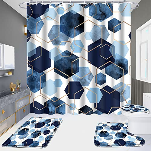 YOKYHOM Badezimmer-Sets, 4-teiliges blaues geometrisches Badezimmer-Duschvorhang-Set mit Teppichen, inkl. 180 x 180 cm, Polyester, wasserdichter Duschvorhang mit 12 Haken, rutschfeste Badematten und