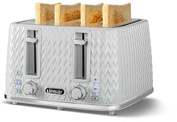 Linsar - 4 Slice Toaster - Unique Curved Texture - Defrost, Reheat, Cancel Functions - 7 Browning Levels, Wide Slots, Removable Crumb Tray - Automatic Switch Off - 1600 Watt (Grey)