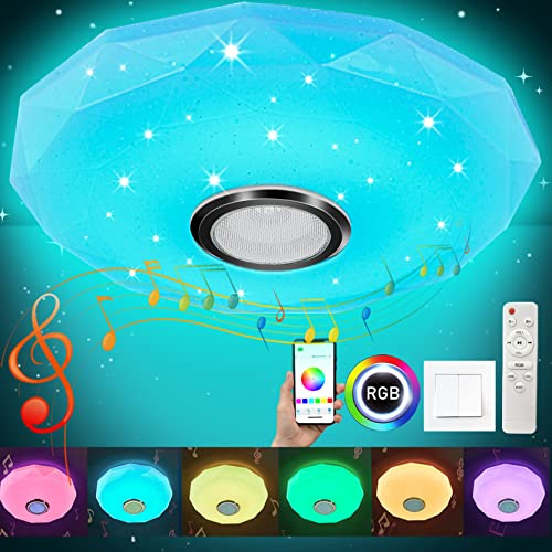 Plafoniera LED dimmerabile da 30 W con altoparlante Bluetooth, telecomando e app, cambio colore RGB, riproduzione musicale, per bagno, camera da letto, soggiorno, Ø 28 cm