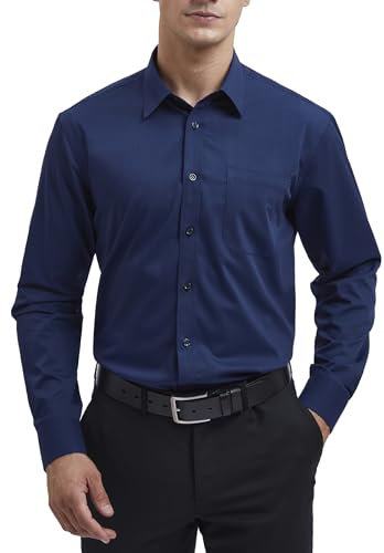 HISDERN Men's Navy Blue Dress Shirt Long Sleeve Regular Fit Business Bamboo Fiber Shirt Casual Wrinkle-Free Shirt with Pocket,L