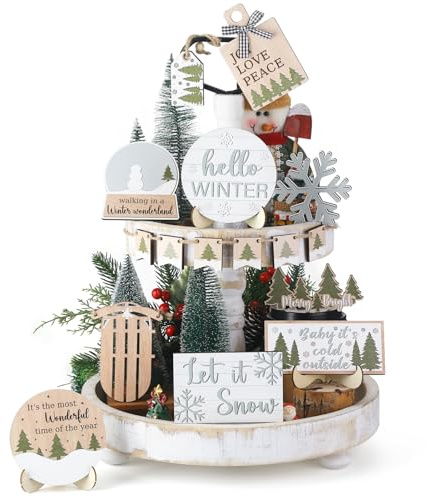 Thyle 16 Pcs Winter Tiered Tray Decor Set Wooden Winter Ornament Rustic Farmhouse Decorations for Gifting Table Home Decor