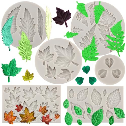 MYPRACS Lot De 6 Moules En Silicone En Forme De Feuille D'érable Fondant Feuille De Rose Feuilles De Fougère Pour Décoration De Gâteaux Cupcakes Bonbons Chocolat Pâte À Gomme Argile PolymèreY