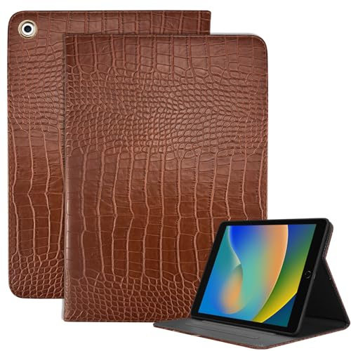 Deokke ipad hülle für 9/8/7 Generation 10,2 Zoll (2021/2020/2019), Schlaf/Wake Cover,Premium Leder Krokodil,Retro niedlich Design für Mädchen (N2- Braun)