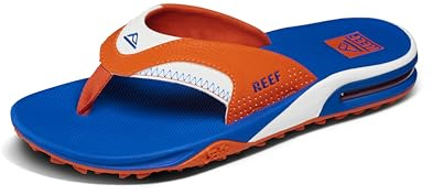 Reef Fanning Pregame Mens Bottle Opener Flip Flop, Arch Support, Durable Outsole, Water Friendly, Orange/Blue, 7