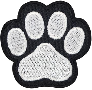 Pfote Schwarz Weiß Aufnäher zum aufbügeln oder aufnähen Bügelbild Tatze Hund Katze Bügelpatch Aufbügler für Kleidung gestickter Bügelflicken Applikation Patch Größe 6,1 x 5,8 cm