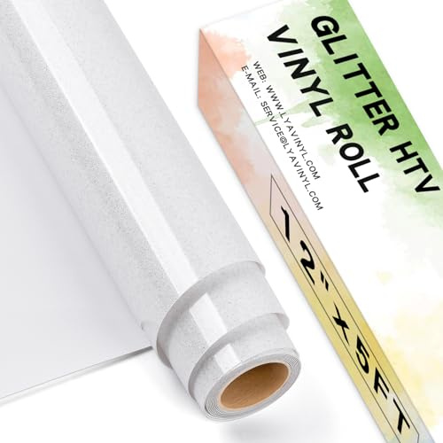 Lya Vinylglitter, vit värmeöverföringsvinyl, 30,5 cm x 1,5 m glitter HTV vinyl för cricut, silhuett cameo, glitterjärn på vinyl för tyg, hatt, tyg