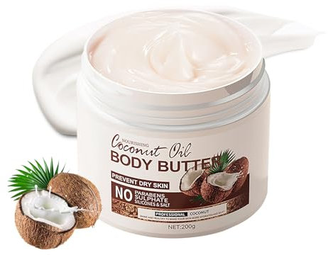 Coconut Body Butter 200g - Body Butter for Dry Skin - Skin Care Body Moisturiser - Natural Coconut Oil Body Cream - Coconut Butter for Moisturizing, Nourishing, Soothing, Hydrating, Create Silky Skin