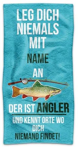 Print Royal PR Personalisiertes Handtuch für Angler - Leg Dich Nicht mit einem Angler an - mit Name gestalten - Geschenk für Angler | Fotohandtuch, 140 x 70 cm