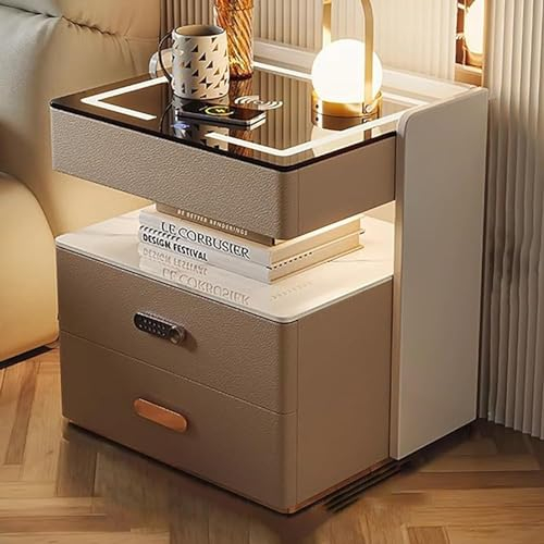 Wireless Charging Smart Nightstand with LED Lights and Tempered Glass Top - Open Storage Bedside Table for Bedroom Furniture