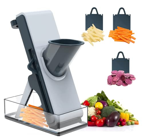 CVNIMV Cortador de Verduras, para Patatas, Verduras, Carne, cebollas, mandolina Vertical con contenedor, Ajuste de Espesor, múltiples Cuchillas, Gris (Azul)