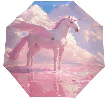 Cartoon Einhorn Pferd Rosa Regenschirm Taschenschirm Kinder Jungen Mädchen UV-Schutz Auf-Zu Automatik Umbrella Verstärkt Winddichte Zusammenklappbar