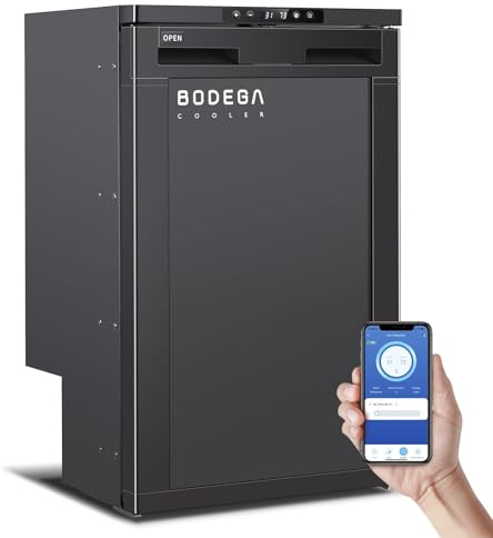 BODEGACOOLER 12 volt kylskåp, 83 L RV kylskåp APP-kontroll, husbil kylskåp och frys, resekompressor kylare med lås, (-15,6 °C-7,8 ° C) bilkylskåp för lastbil, husbil, camping, båt -12/24 V DC, svart