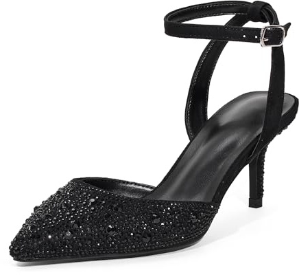 GENSHUO 2,5-tums högklackade strass, spetsig tå med ankelrem, eleganta hovskor, Svart strass, 40 EU
