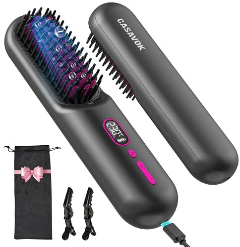 Negative Ionen Haarglätter Bürste, Mini Warmluftbürste Glätteisen Kabellos,Tragbar glättbürste mit Wiederaufladbare 9600mAh Batterie,20s Schnelle Erwärmung Haarbürste für Frauen,Anti-Verbrühung (Grau)