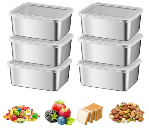 Zjyufy 6 recipientes de acero inoxidable, caja apilable multiusos reutilizable con tapa, tapa transparente, contenedor de almacenamiento de alimentos, apto para horno, congelador, lavavajillas